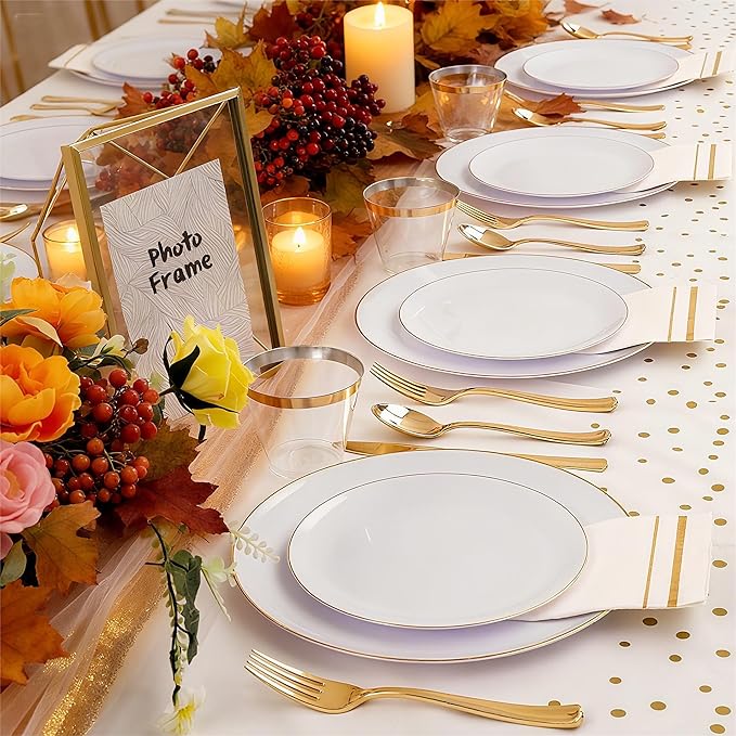 Festiva 176Pcs White and Gold Plastic Plates - White with Gold Rim Dinnerware Set - 25Guest include Plates Cups Cutlery Napkins for Fall Party&Wedding& New Year&Thanksgiving