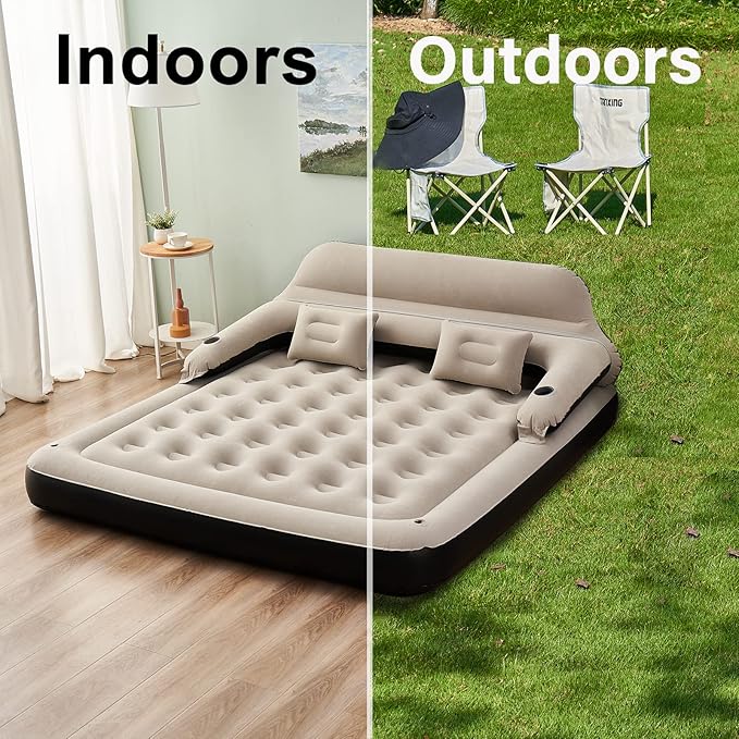 RAPTAVIS Queen Size Air Mattress Sofa Bed with Headboard and Pillow, Inflatable Bed for Outdoor Overnight