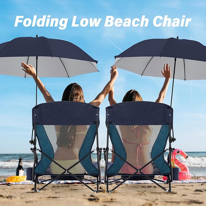 Homcosan Portable Low Folding Beach Chairs Set of 2 with Detachable Umbrellas - Lightweight Camping Chairs for Adults with Cup Holder & Storage Pockets, Carry Bag Included (Navy & Blue)