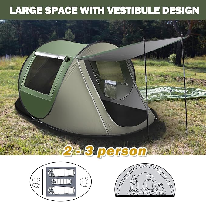 Instant Pop Up Tent, Automatic Easy Setup Outdoor Waterproof Windproof Family Tent, Upgraded 2 Doors Vestibule Sun Shelter for 2-3 People Outdoor Camping,Travelling,Hiking, Beach,Green