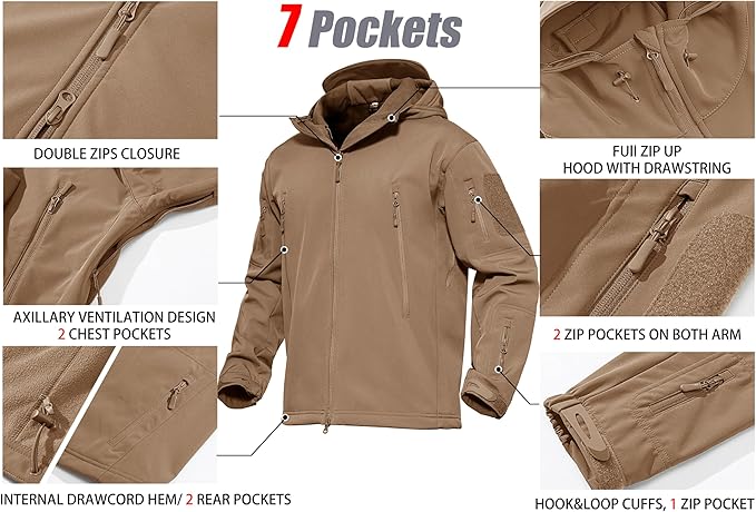 MAGCOMSEN Men's Tactical Jacket 7 Pockets Performance Fleece Lined Water Resistant Ski Snow Soft Shell Winter Coats