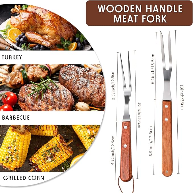 Honoson 2 Pieces Meat Forks Stainless Steel Carving Fork with Rosewood Handle for Kitchen Barbecue Serving Cooking Grilling Roasting (13 Inch,10 Inch)