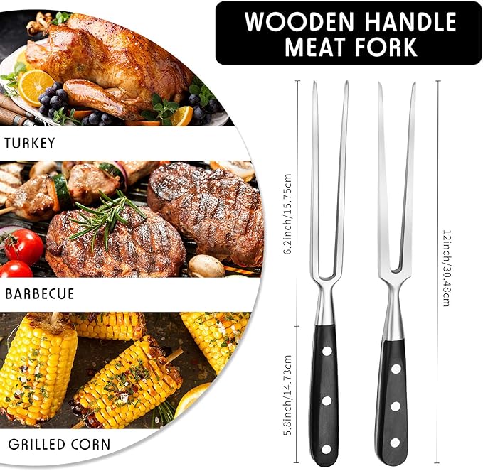 Patelai 2 Pieces Carving Forks 12 Inch Stainless Steel Meat Fork Cooking Fork with Wood Handle Grill Fork Serving Fork for Xmas Kitchen Roast BBQ Fork Carving Set