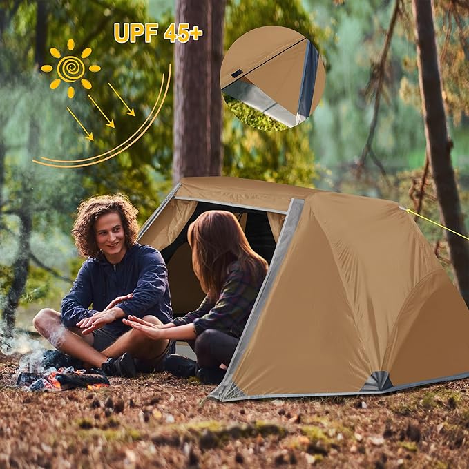 1-2 Person Backpacking Tent, Waterproof Windproof Two Person Tents for Camping & Hiking Double Doors Easy Setup UPF 50+ with 1 Vestibule