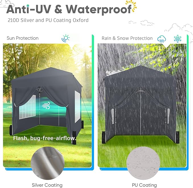SANWAY 6.6x6.6 Pop Up Canopy Tent with Sidewalls x 4 –with Rome Window, Waterproof, UV-Resistant, Portable with Carry Bag for Outdoor Events, Camping, and Backyard Parties – Dark Gray