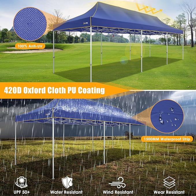 HOTEEL 10x30 Heavy Duty Pop Up Canopy Tent for Parties Event Wedding Commercial Instant Canopy with Wheeled Bag, Party Tent Waterproof UV 50+&Windproof, Upgraded Thick Hexagonal Legs, Deep Blue