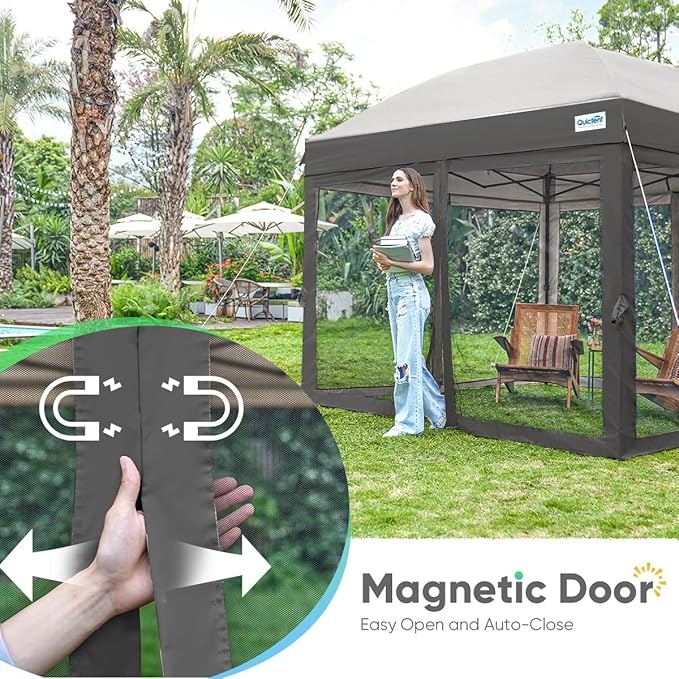 Quictent 10’x10’ Pop up Canopy Tent with Netting, One Person Instant Setup Screen House Room Tent Screened- 2 Magnetic Doors Waterproof (Gray)