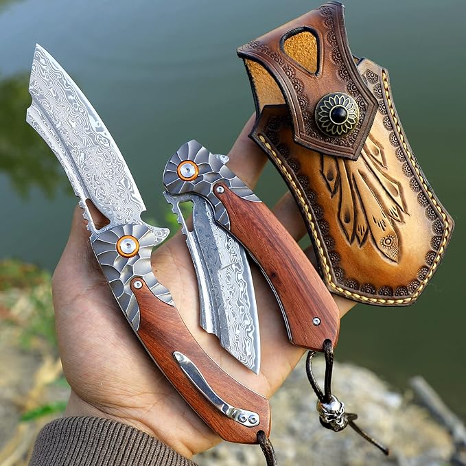 men's pocket knife Damascus Steel Handmade Folding Knife,3.5 in blade rosewood handle,with leather case ,Liner Lock Steel ball bearings,pocket clip ,EDC Camping Outdoor Survival Knife