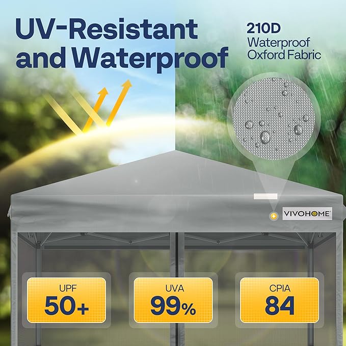 VIVOHOME 10x10ft Easy Pop-Up Canopy, Outdoor Screen Tent with Mosquito Netting, 2 Zipper Doors, and Roller Bag for Yard Camping Picnic Party Events, Grey