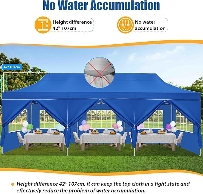 HOTEEL 10x30 Pop up Canopy Tent for Parties, Heavy Duty Easy Setup Tent with 8 Sidewalls, Outdoor Commercial Instant Gazebo for Wedding Event, with Portable Bag & Sand Bags, Blue(Hexagonal Frame)