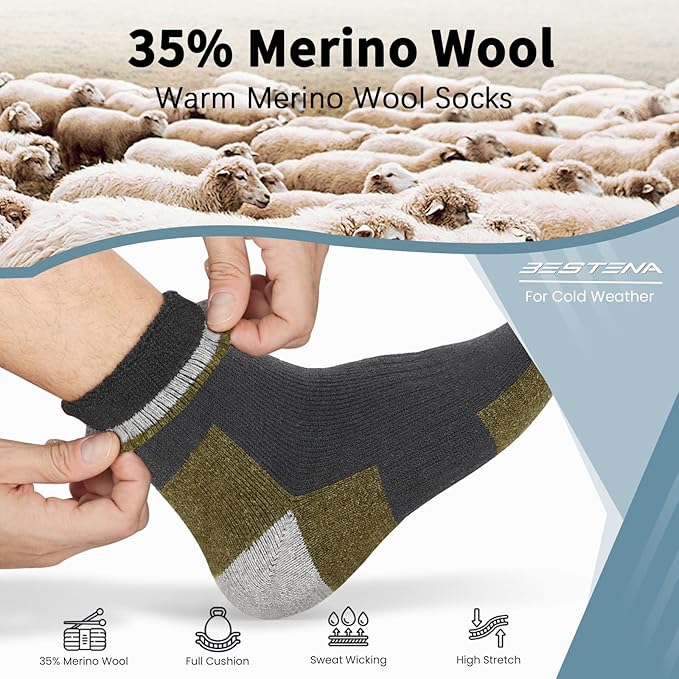 BESTENA Merino Wool Hiking Socks for Men 5 Pairs Thermal Warm Winter Thick Cushion Moisture Wicking Crew Boot Socks