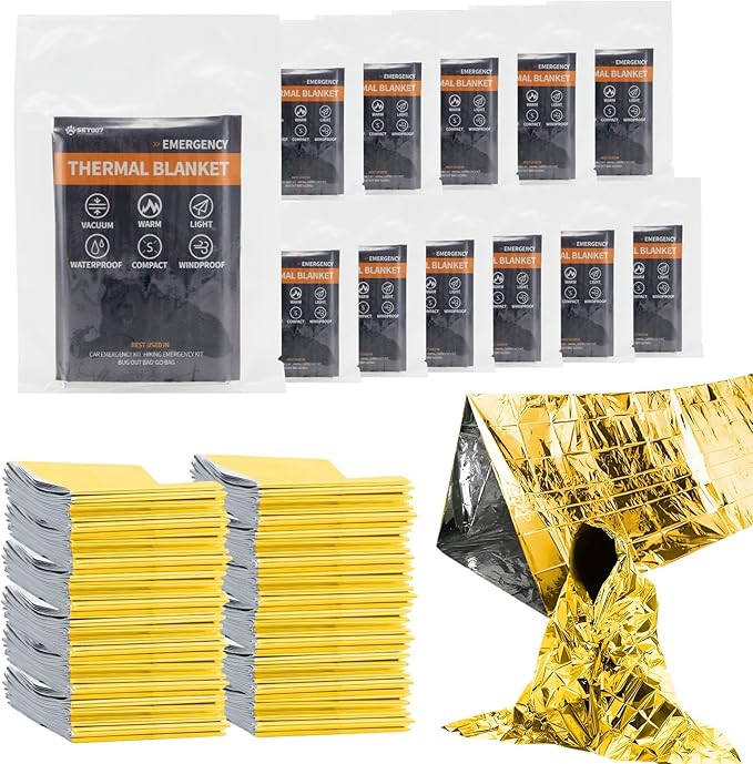 12-Pack Emergency Mylar Thermal Blankets, 82"x62" Space Blankets Foil Blanket, XL Camping Blanket for Outdoors, Hiking, Survival kit, Bug Out Bag,Marathons or First Aid, Golden