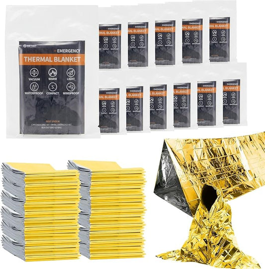 12-Pack Emergency Mylar Thermal Blankets, 82"x62" Space Blankets Foil Blanket, XL Camping Blanket for Outdoors, Hiking, Survival kit, Bug Out Bag,Marathons or First Aid, Golden