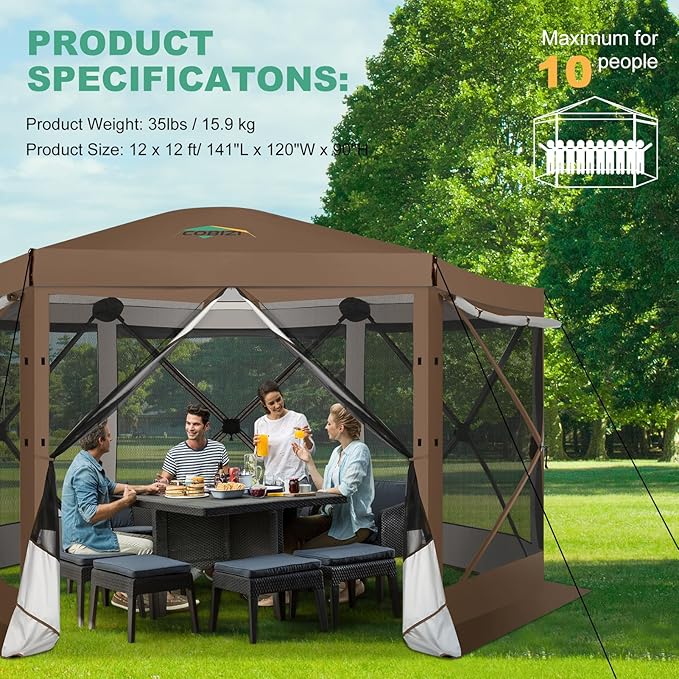 COBIZI 12x12 Pop up Gazebo Screen House Tent for Camping, Outdoor Canopy with Removable Roof&Sidewalls, Portable Hub Tent with Carrying Bag and Ground Stakes, Brown