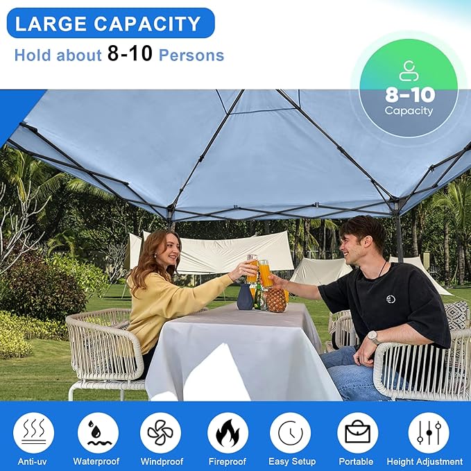 KAMPKEEPER 10x10 Pop Up Canopy Tent with 2 Sidewalls, Beach Tent - Easy Outdoor Sun Shade for Events, Parties, Camping - Gazebo with 4 Weight Bags & Carry Bag.(Blue)