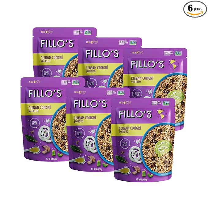 Fillo's Cuban Congri - Black Beans and Rice, Ready to Eat Rice with Beans, 8 oz Pk of 6, Gluten-Free, Preservative-Free, Microwavable Meals, Non-GMO, Vegan