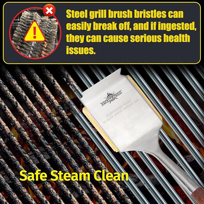Bristle-Free Steam Cleaning Grill Brush,with Extended Luxurious Rosewood Handle,Unique Wavy Pad Seamless-Fit Cast Iron/Stainless-Steel Grates,Safe Grill Cleaner for Outdoor Grill