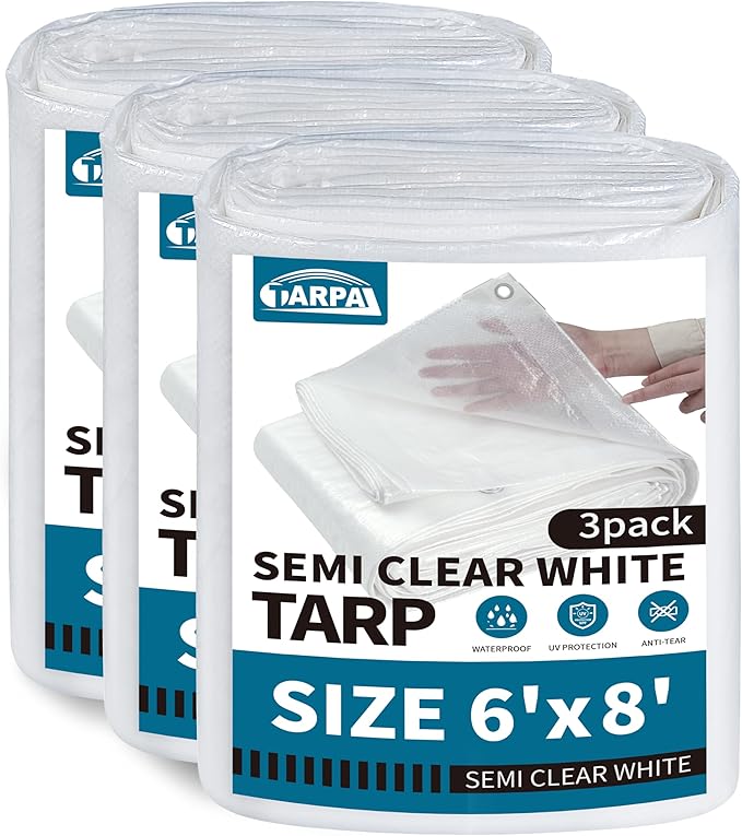 TARPAL 6'x8'(3pack) Semi Clear White Tarp Waterproof Green House Cover with Grommets 7.5mil Clear Poly tarps for Gardening,Farm, Garden,Chicken Coops,Outdoor