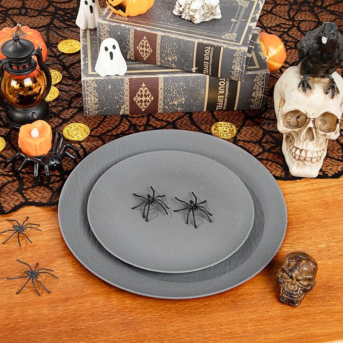 WONDERFUL 32pcs Dark Grey Plastic Plates Reusable Plates Halloween Plates Unbreakable and Dishwasher safe Dishes Set Outdoor Plate Includes:16 Dinner 10" & 16 Dessert Plate 7.3" Suitable for Camping
