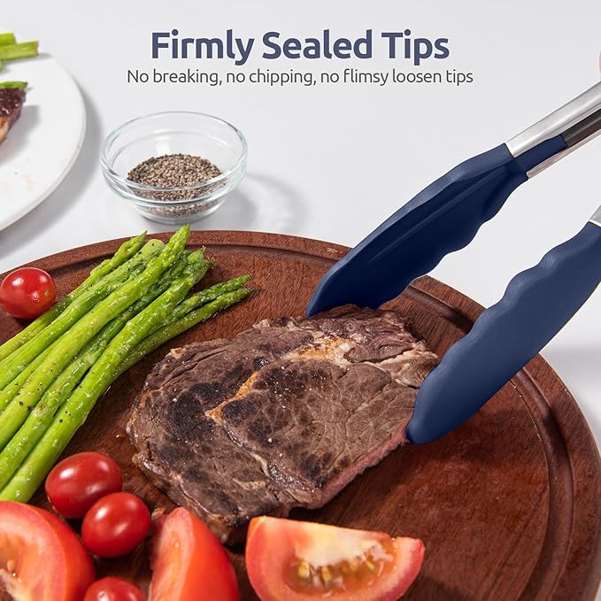 600ºF Heat Resistant Kitchen Tongs: U-Taste 7/9/12 inch Silicone Cooking Tong Set with Non Stick Rubber Tips and Silicon Coated 18/8 Stainless Steel Handle for Serving Grilling Salad(Midnight Blue)