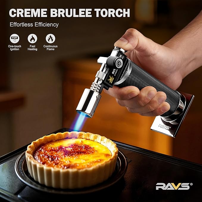 RAVS Butane Torch Lighter, Refillable Butane Kitchen Torch with Safety Lock and Adjustable Flame, Creme Brulee Torch for Baking, BBQ, Blow Torch for Cooking, Black, Butane Gas Not Included