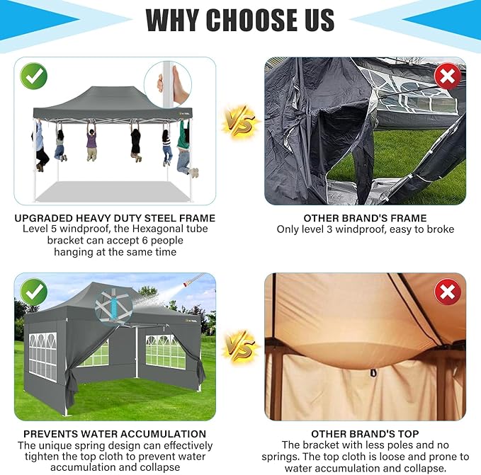 HOTEEL Canopy Tent 10x15 Heavy Duty Pop Up Canopy with Sidewalls, Party Tent with Roller Bag for Event Wedding, Upgraded Commercial Waterproof Instant Canopy, Thick Hexagonal Legs, UPF50+, Gray