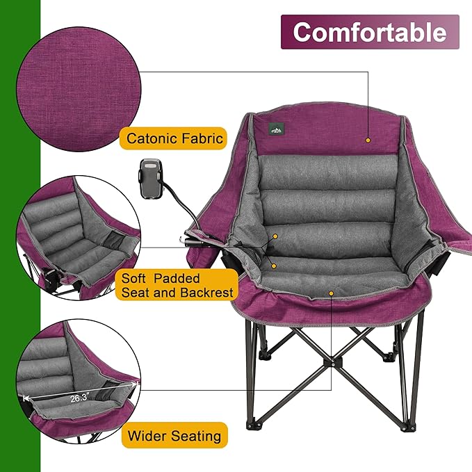 Northroad Oversized XL Padded Camping Chair w/Cell Phone Holder, Large Camp Lounge Chair, Foldable Lawn Chair w/Cup Holder,Carry Bag for Outdoor Hiking, Beach, Picnics, Heavy-Duty 400-lbs Capacity