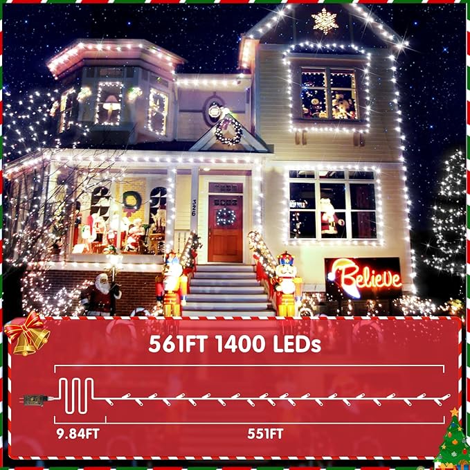 XURISEN 551FT 1400 LED Christmas Lights Outdoor Green Wire String Lights 8 Modes with Timer Memory Waterproof Fairy Light Plug in for Xmas Tree Wedding Yard Party Holiday Decorations(Cool White)