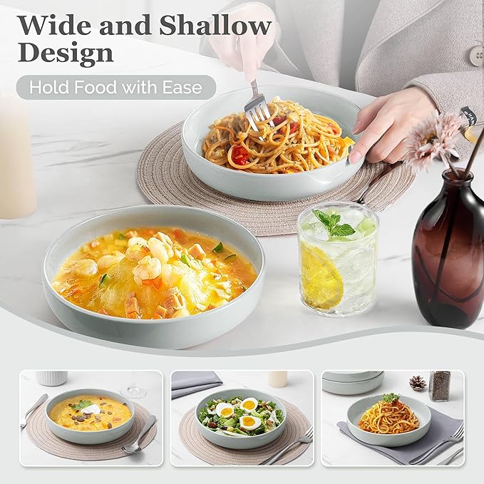 HaWare Pasta Bowls Set of 6, 33oz Large Salad Bowls for Home Kitchen, Ceramic Serving Plates for Soup, Cereal, Scratch-resistant Wide and Shallow Dinner Bowl, Microwave & Dishwasher Safe, Misty Grey