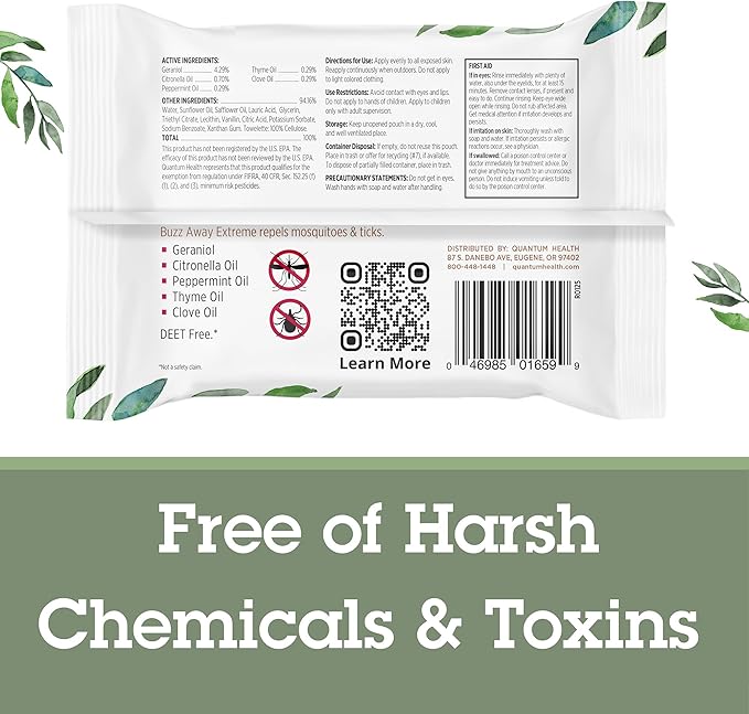 Quantum Health Buzz Away Extreme DEET Free Insect Repellent Wipes - Travel-Friendly Citronella Oil Mosquito & Tick Outdoor Bug Repellent Towelettes, Kids & Adults - 20 Individual Wipes