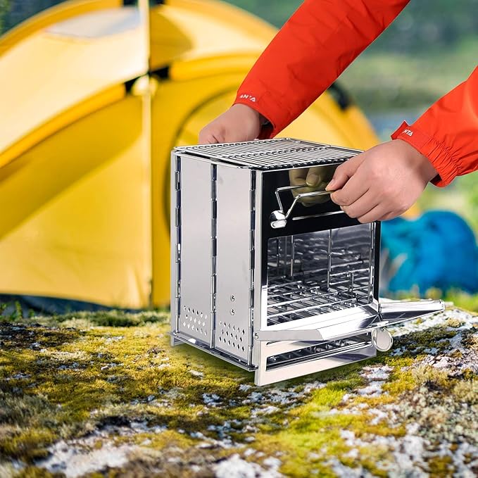 REDCAMP Camping Wood Burning Stove, Stainless Steel Compact Portable Foldable Mini Mult Fuel Camp Stove with Storage Bag, Perfect for Backpacking Hiking Outdoor Cooking Picnic BBQ (silver-large)