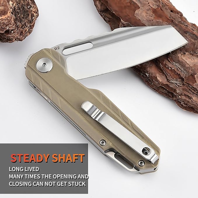 Folding Pocket Knife, 3.34 "D2 Steel BladeBlade G10 Non slip Handle Suitable for Daily Carrying Camping, Hiking, Fishing A-80003-2 (Khaki)