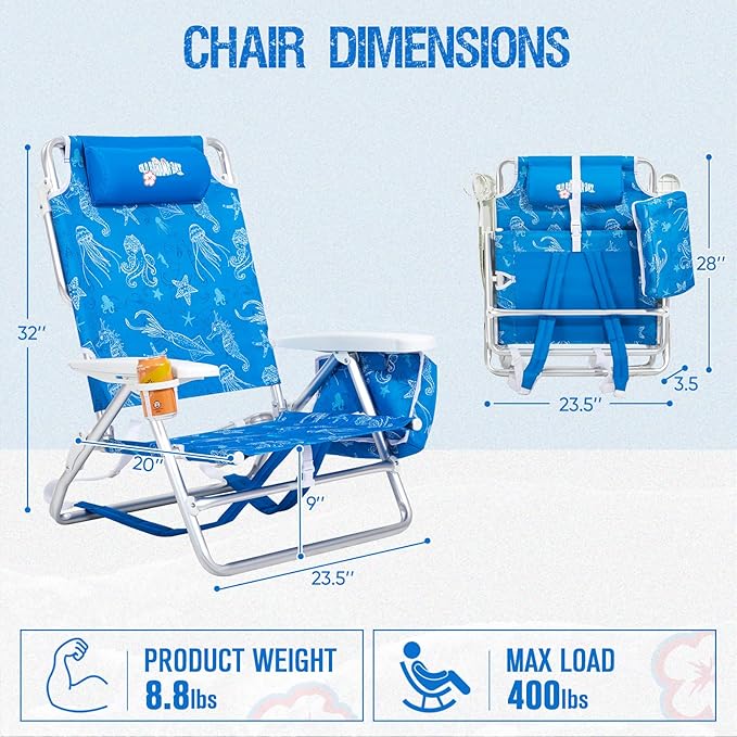 Reclining Beach Chair Backpack 5-Position Lay Flat Lounge Chair for Adults Heavy Duty Portable Folding Lightweight with Cooler Bag Camping Chair for Sand Outdoor