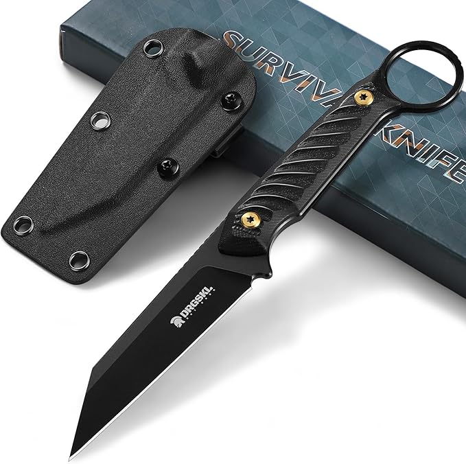 Sheepsfoot Fixed Blade Knife - Full Tang Survival Knives with Sheath, Camping Knives for Men, Black Knives Forged from a Single Piece of D2 Steel, Ideal Gift for Men