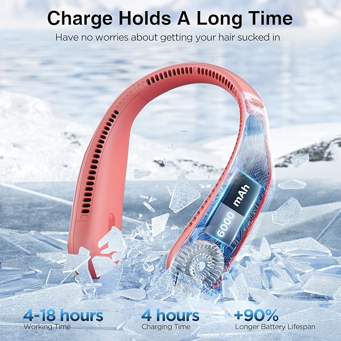 Neck Fan, Hands Free Bladeless Neck Fans Portable Rechargeable, 6000 mAh Battery Operated Wearable Personal Fan, Cooling Neck Fan, 3 Speeds, USB Fan Gifts for Men, Women, Travel, Outdoor