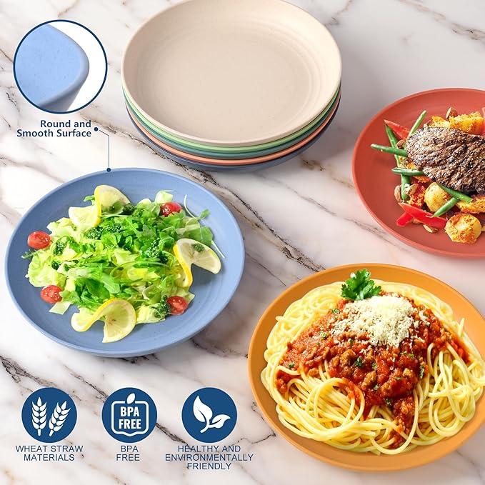 HOTEC 8-Pack 8inch BPA Free Unbreakable Deep Plastic Plates, Wheat Straw Camping Plates Dishwasher Safe Kitchen Plates Dinnerware Multicolor