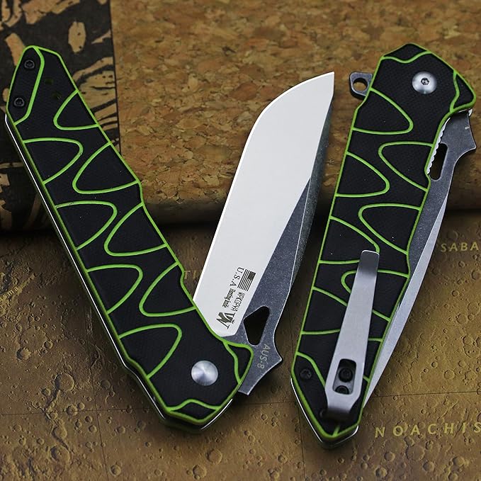 8.4in Folding Knife AUS-8 Steel Blade, G10 Handle with Anti-Slip Texture, Ball Bearing Pivot, Stonewashed Finish, EDC Pocket Knife for Camping, Hiking, Survival (AUS-8 (G10 black/green))