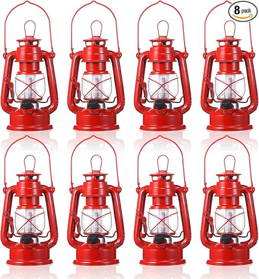 Hortsun 8 Pcs 8 Inch Vintage LED Hurricane Lantern Metal Red Outdoor Battery Operated Hanging Lantern with Warm LEDs and Dimmer Switch for Indoor Rustic Farmhouse Country Camping Decor