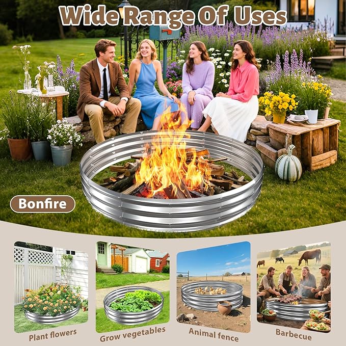 6FT Diameter Camp Fire Ring Pit, Large Round Galvanized Steel Fire Pit, Heavy Duty Steel Fire Pit Silver for Backyard, Camping, Bonfire (6x6x1FT)
