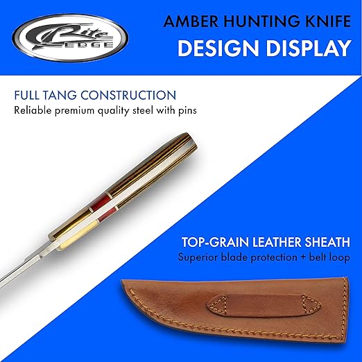 SZCO Full Tang Upsweep Hunting Knife 9.5 Inch - Pocket Knife with Stainless Steel Blade, Red Amber Wooden/Brass Handle & Leather Sheath - Camping Knife for hunting - Skinning knife for Men