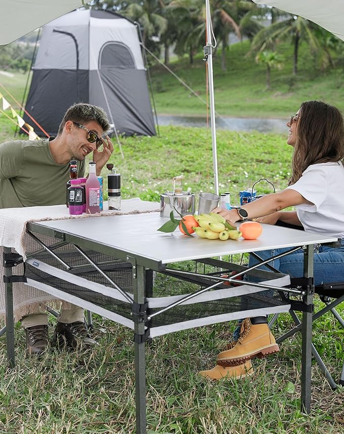 KingCamp Folding Camping Table, Aluminum Roll-Up Camp Table, Large Foldable Table for 6-8 Person, Outdoor Portable Tables with Carry Bag, 180 LBS Heavy Duty Load (Silver+Mesh:53.5"x27.5")