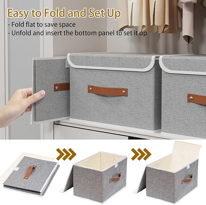 Yawinhe Storage Bins with Lids, Closet Baskets, Washable and Leather Handle, Collapsible Boxes for Home, Grey, 17.7''Lx11.8''Wx11.8''H, 3-Pack, USNK024GX-3