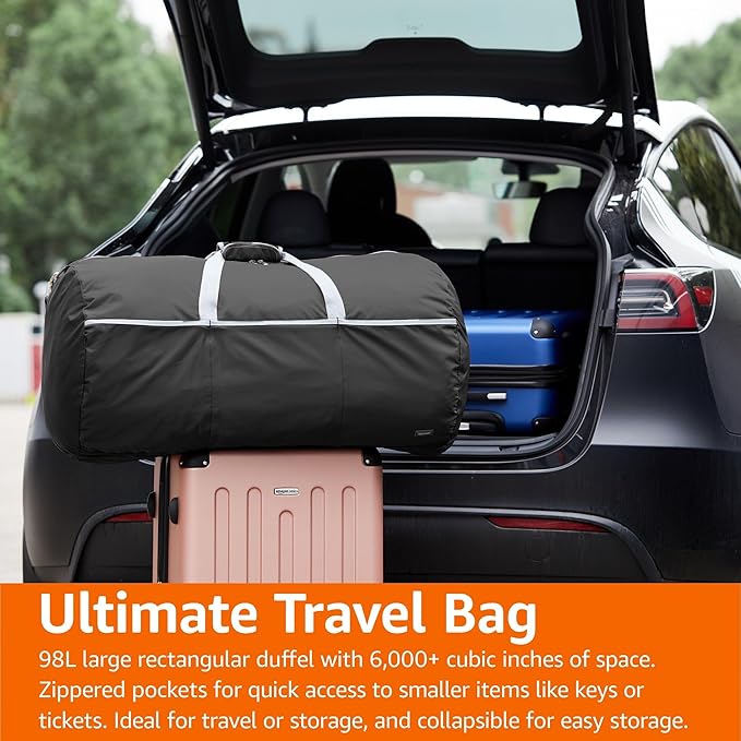 Amazon Essentials 32.4" Extra Large Foldable Nylon Duffel Bag for Travel/Storage with Zippered Pockets, 9254 Cubic Inch (150L), 50-LBS Capacity, Black (Previously Amazon Basics)