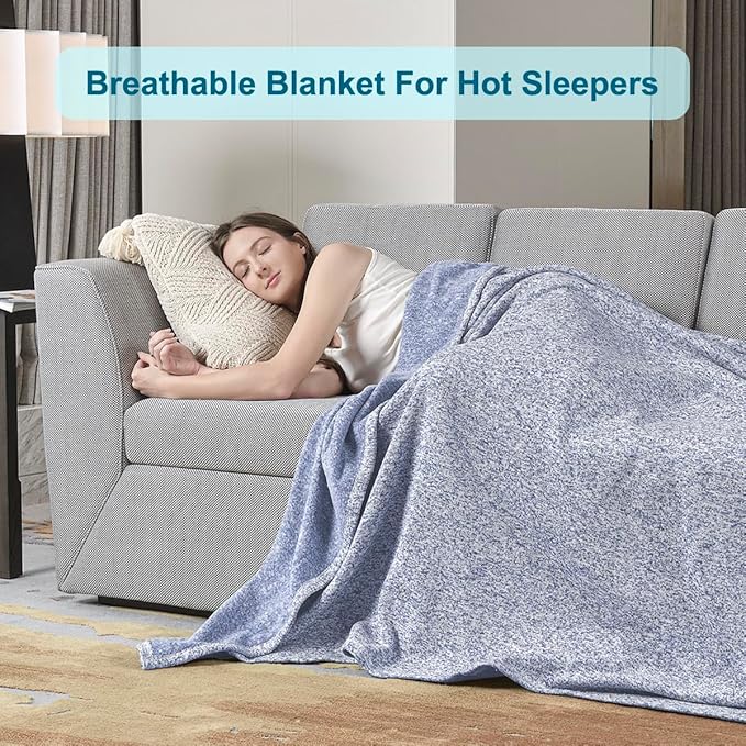 KAWAHOME Summer Sweatshirt Throw Blanket for Bed-Lightweight Breathable Blankets,Soft Thin Knit Jersey Throw Blanket for Hot Sleepers,50 X 60 Inches, Heather Blue