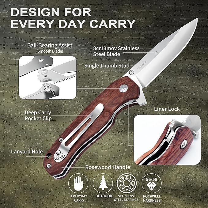 Vickay Pocket Knife for Men, Folding Knife for Women with Clip, 2.9inch 8Cr13MoV Steel Blade, Wood Handle EDC Knife for Camping, Tactical, Hunting, Camping, Hiking and Everyday Carry