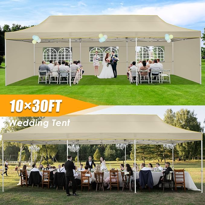 HOTEEL Tents for Parties 10x30 Heavy Duty Pop Up Canopy Tent with 5 Sidewalls&Wheeled Bag, Commercial Event Party Tent Wedding Instant Canopy Waterproof, UV 50+, Upgraded Thicked Hexagonal Legs, Khaki