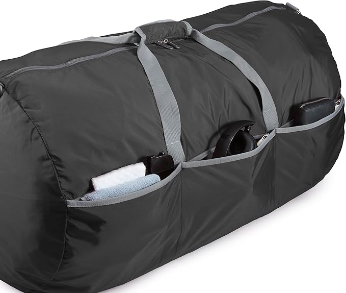 Amazon Essentials 32.4" Extra Large Foldable Nylon Duffel Bag for Travel/Storage with Zippered Pockets, 9254 Cubic Inch (150L), 50-LBS Capacity, Black (Previously Amazon Basics)