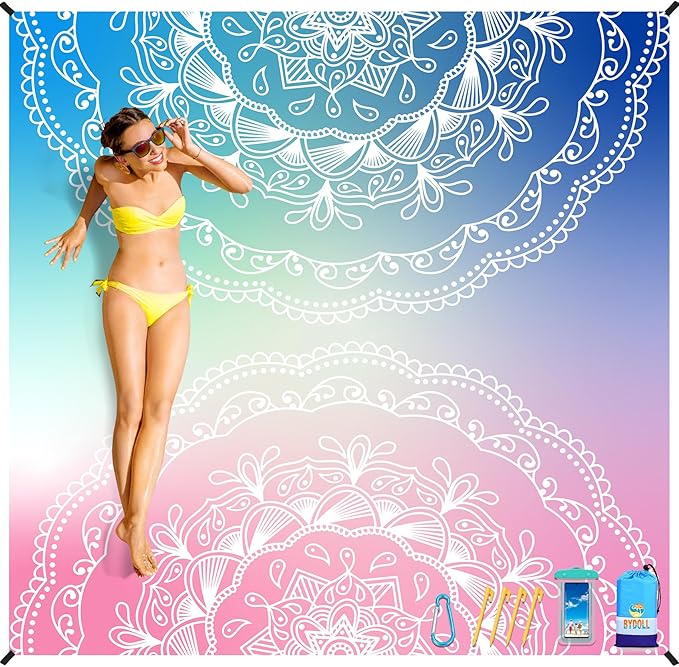 BYDOLL Beach Blanket Waterproof Sandproof 78''ร81'' Suits1-4 Adults Compact Lightweight Oversized Sand-Free Blanket Large Picnic Mat for Beach Travel Camping Hiking