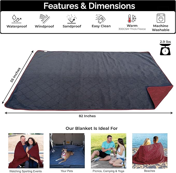 BRAWNTIDE Large Outdoor Waterproof Blanket - Extra Thick Fleece, Warm, Windproof, Sandproof, Quilted, 82" x 55", Ideal for Beaches, Picnics, Camping, Stadiums, Dogs, Car