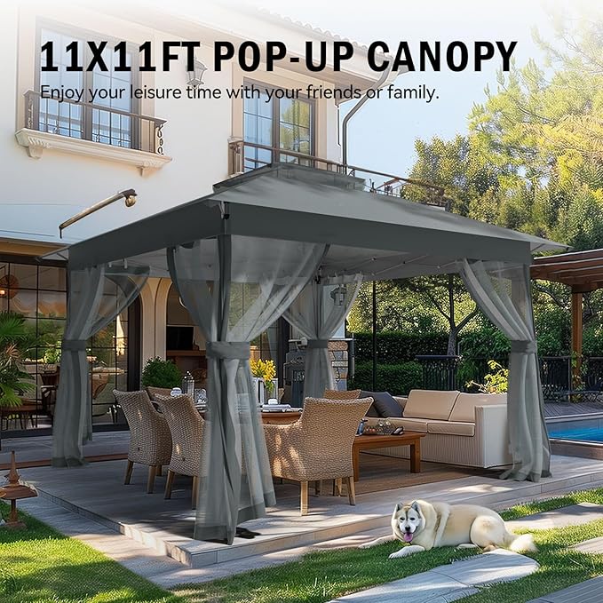 Pop Up Gazebo 11x11 - Outdoor Canopy Tent with Mosquito Netting & Wheeled Carry Bag, Double Roof Gazebos for Backyard Party Garden Wedding Camping (Gray, 11x11)